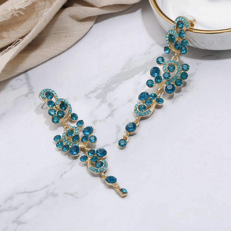 BriLove Long Large Earrings for Women Bohemian Boho Crystal Floral Hollow Chandelier Statement Dangle Jewelry Blue Topaz Color Gold-Toned - Image 4